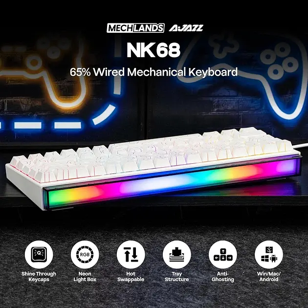 Игровая механическая проводная клавиатура Ajazz NK68 / Red Switch / 65% / RGB / White Lines - фото 2