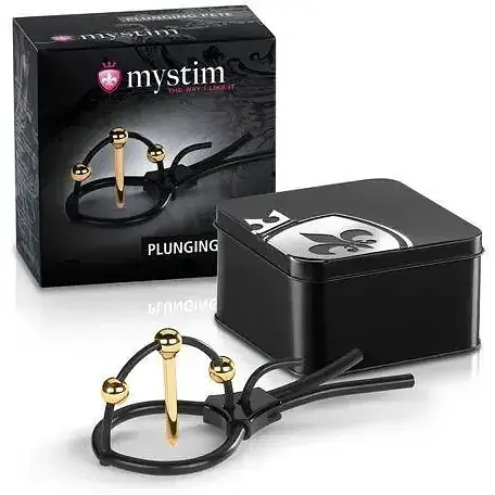 Утяжка для пениса Mystim Plunging Pete позолочена с двумя шариками и коротким уретральным зондом - фото 2