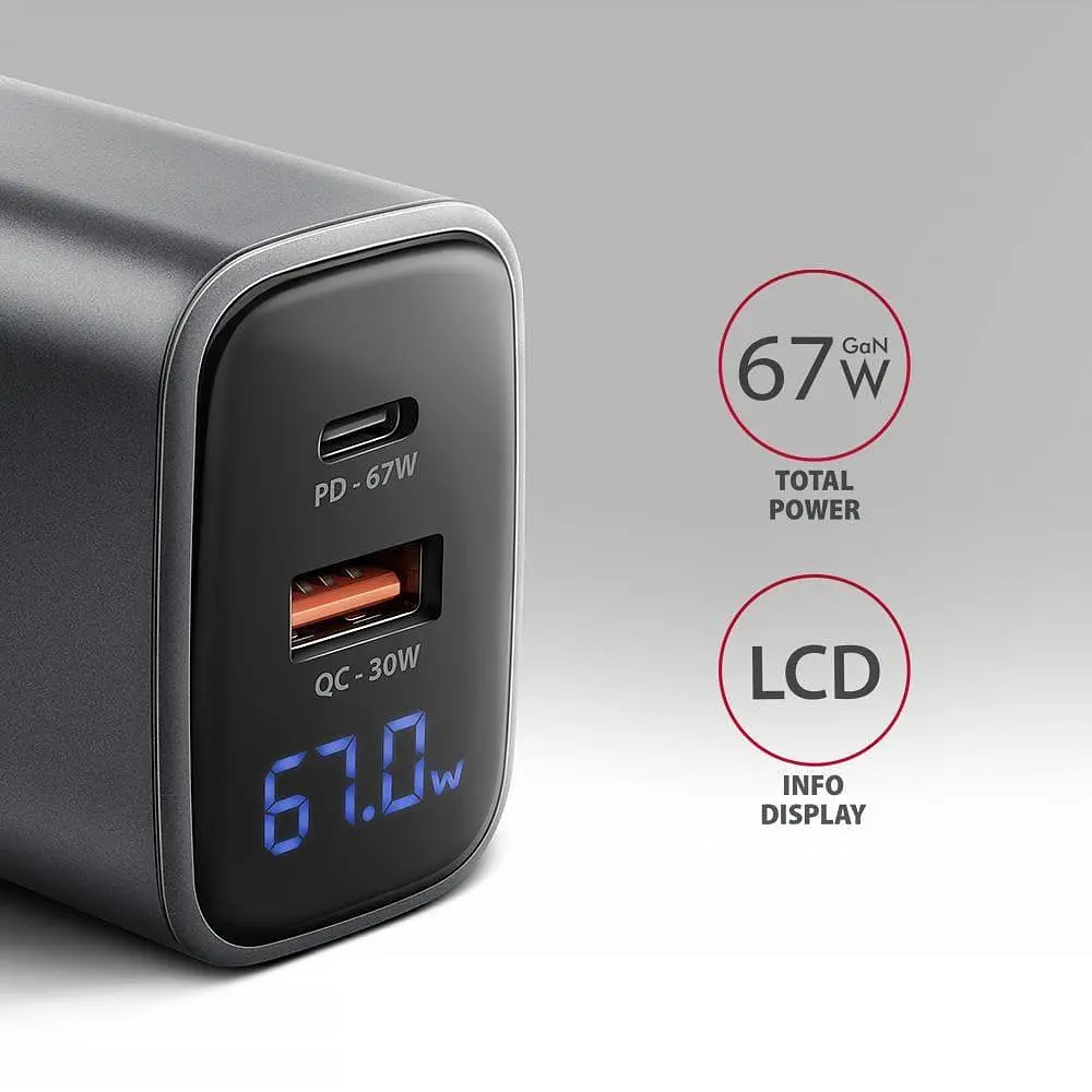 Мережевий зарядний пристрій з дисплеєм AXAGON ACU-PQ67D, 2x port (USB + USB-C), PD3.0/QC4+/PPS/Apple, 67W, сірий - фото 8