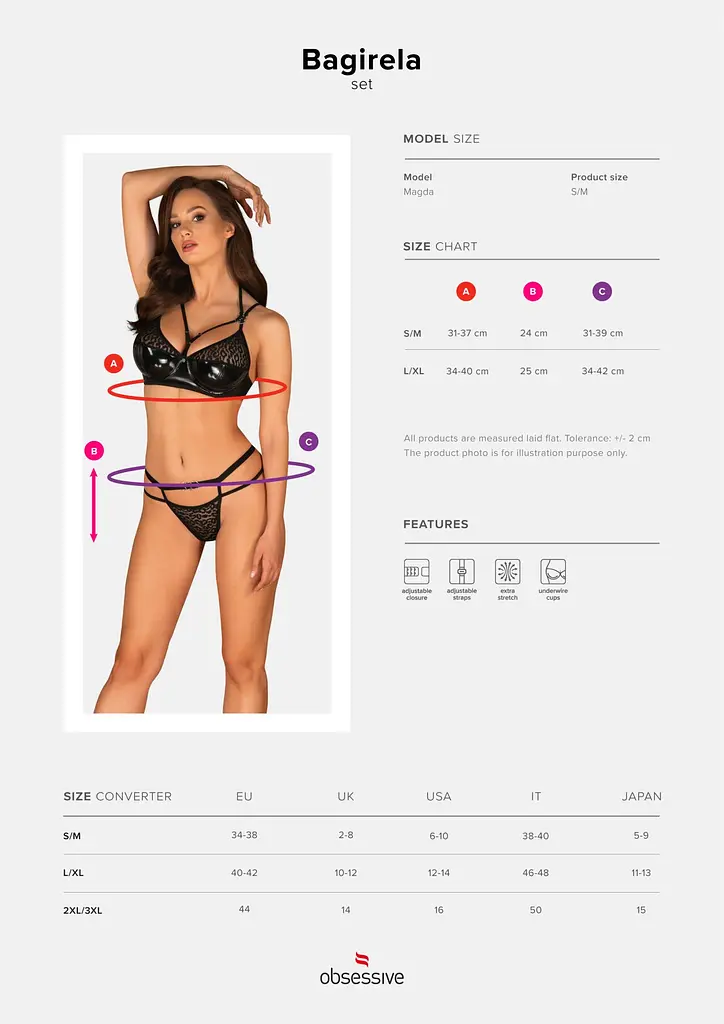 Еротичний комплект під латекс зі стрепами Obsessive Bagirela 2-pcs set S/M, чорний, під леопард, бюс - фото 7