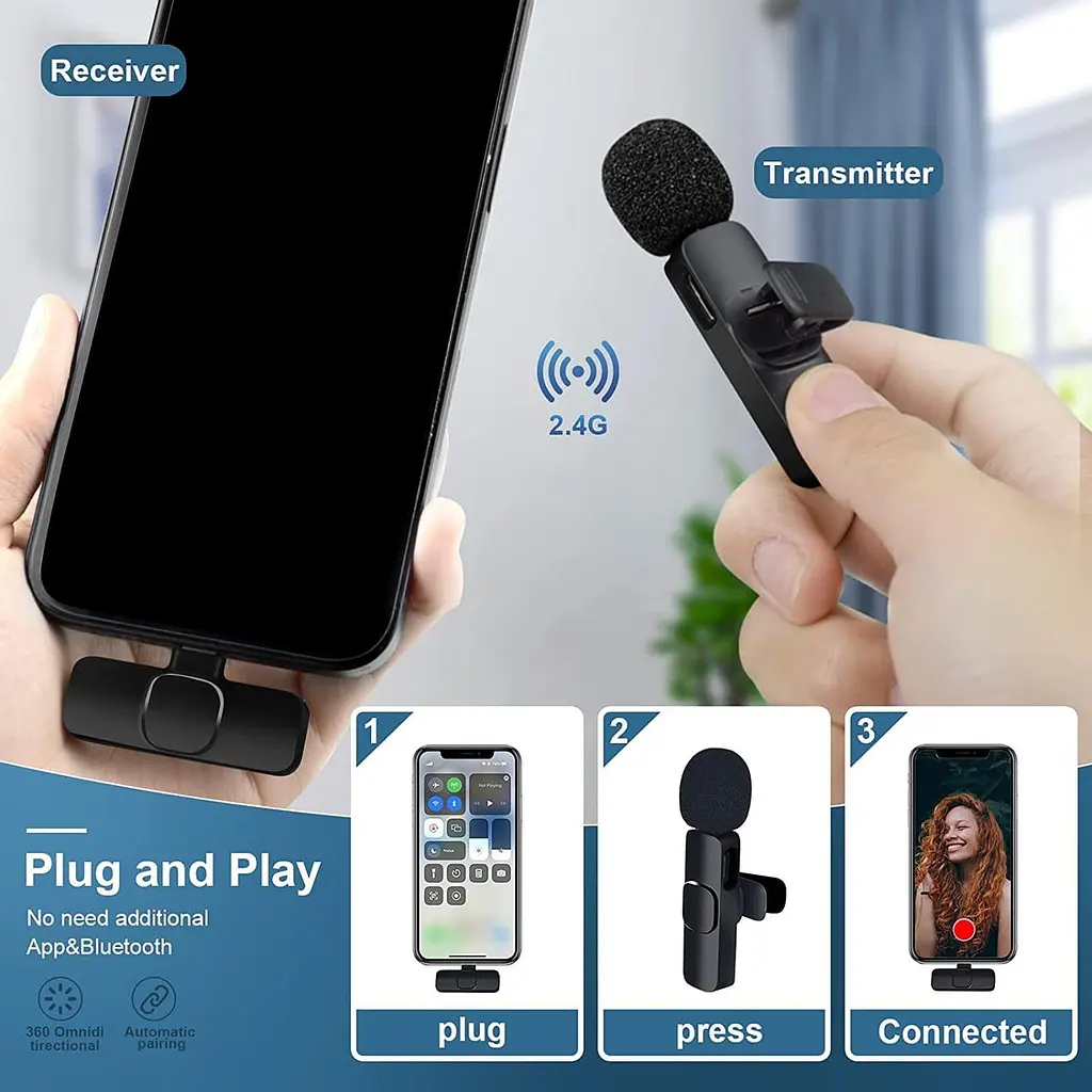 Бездротовий петличний мікрофон для iPhone та Android, Plug&Play, шумозаглушення - фото 4