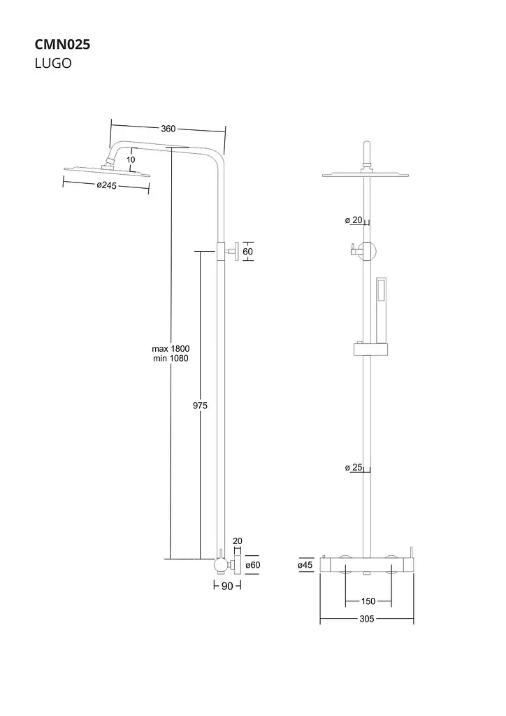 Душова система Corsan Lugo хром CMN025, Хром - фото 2