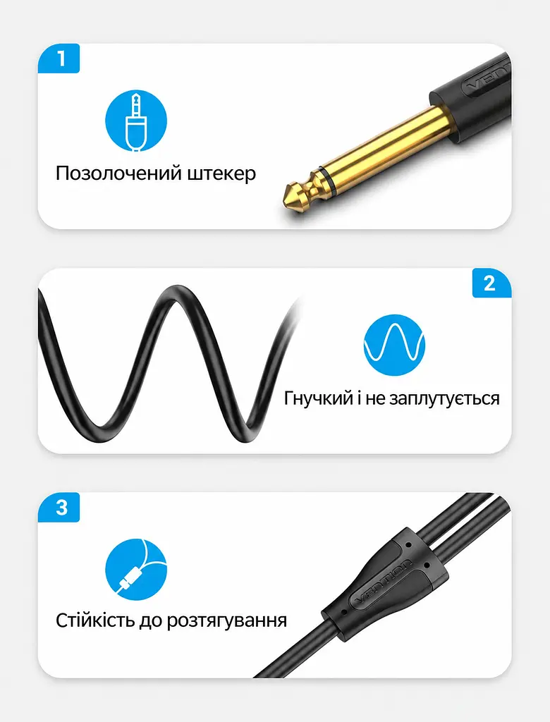 Аудіокабель-розгалужувач Vention 3 м мініджек на джек штекер 3,5 мм TRS на два штекери 6,35 мм TS поділ стерео на лівий і правий канали небалансне з’єднання екранування фольгою та металевим обплетенням позолочені штекери чорний (BACBI) - фото 4
