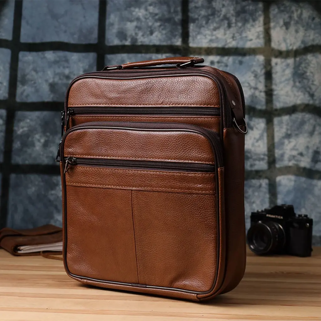 Сумка чоловіча з ручкою для перенесення в руці з натуральної шкіри Vintage 23031 світло-коричнева - фото 10