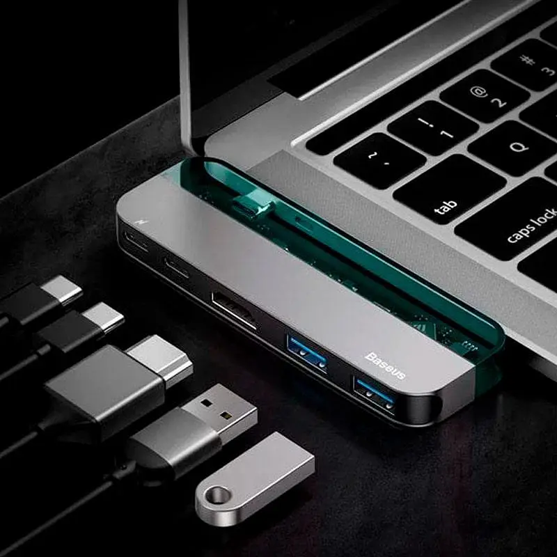 Мультипортовий адаптер USB Хаб Baseus Multi-Functional Transparent Series Type-C CAHUB-TD0G Deep Gray - фото 6