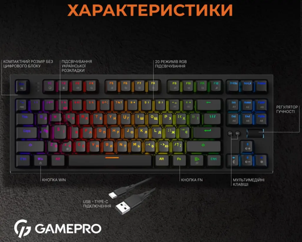 Клавіатура ігрова механічна GamePro GPMK-18 Red Swich Hot-Swap TKL RGB Black - фото 4