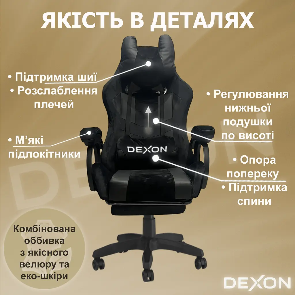 Геймерське крісло DEXON VECTOR з підставкою для ніг, велюр+екошкіра, Чорний-Чорний - фото 9