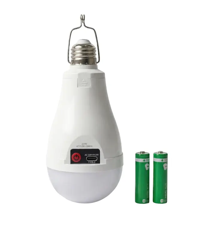 Акумуляторна LED лампа 20W E27 8000K, холодне біле світло, аварійне освітлення із зарядкою Type‑C та 2 акумуляторами, біла