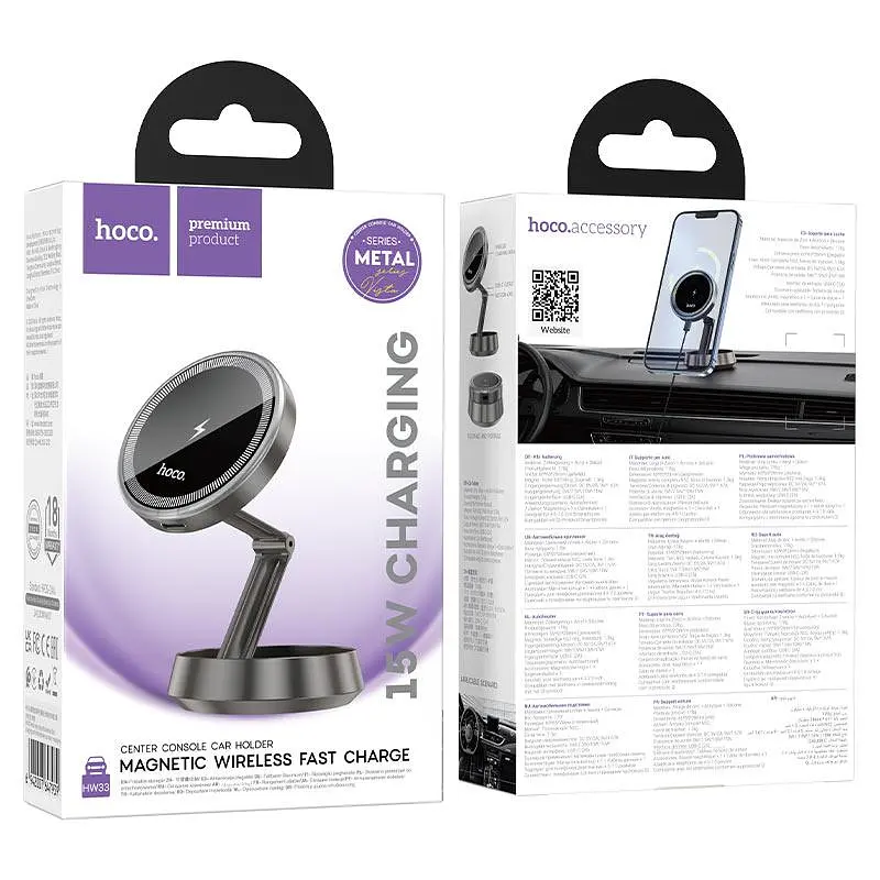 Холдер Hoco HW33 Metal ring magnetic wireless fast charging car holdercenter console Чорний - фото 2