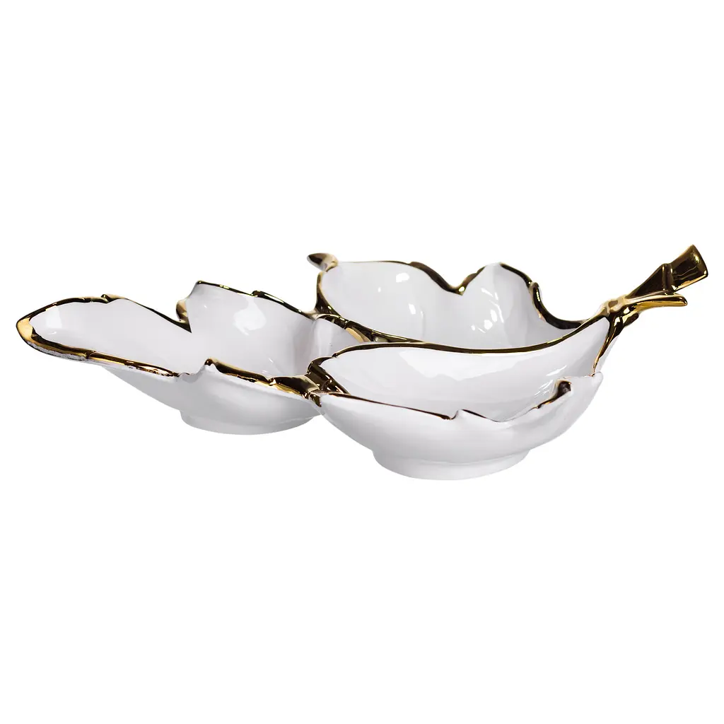 Тарелка для подачи на 3 секции для закусок 37×28×7.5 (см) меновщица Белый с золотом Yiwu ZBSY-14 - фото 2