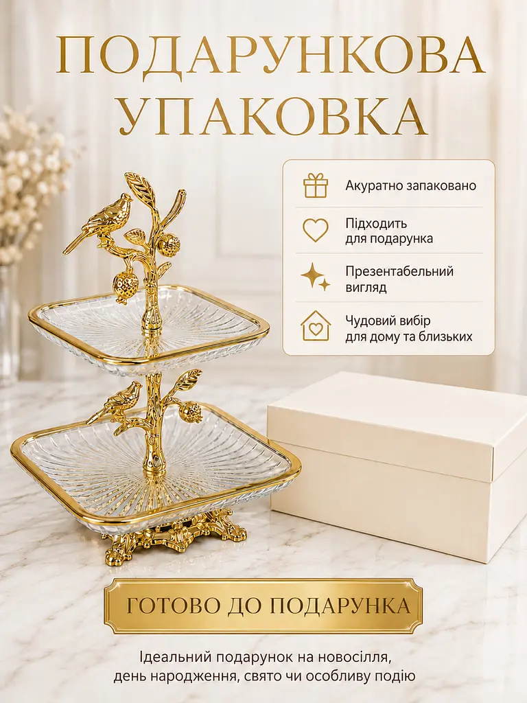 Двоярусна скляна підставка для фруктів та десертів 24х24х35 см Прозора з золотом (37261984) - фото 7