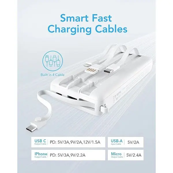 Портативное зарядное устройство Vrurc со встроенным кабелем USB C емкостью 20000 мАч - фото 2