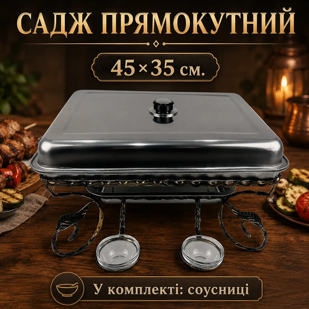 Садж прямокутний для подачі та підігріву шашлику 45х35 см з соусницями і кришкою - фото 4