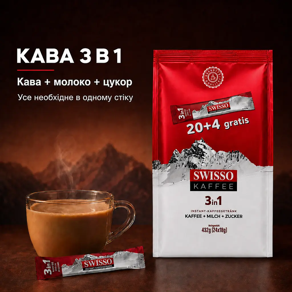 Кава розчинна Swisso Kaffee 3в1 кава молоко цукор у стіках 20+4 х 18 г - фото 2