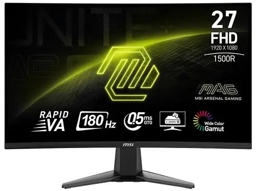 Монітор вигнутий 27" MSI MAG 27C6F, Black, Rapid VA, 1920x1080 (16:9), 0.5 мс, 180 Гц, 250 кд/м², 3000:1, 1500R, 178°/178°, 2xHDMI/DP, VESA 100x100 мм, Adaptive Sync, aRGB - 78%, DCI-P3 - 73%, sRGB - 93%