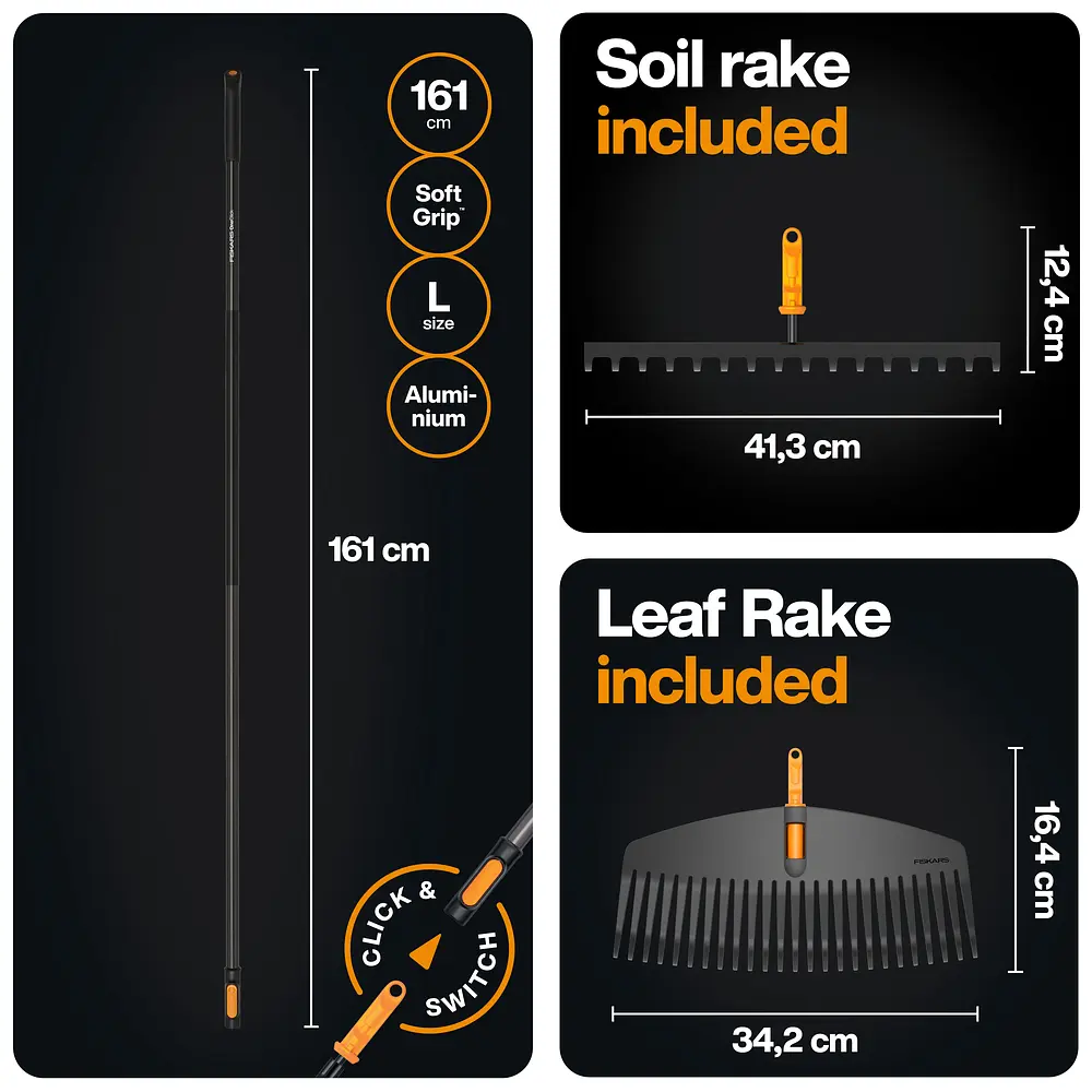 Грабли для газонов 51 см + грабли для грунта 36 см + ручка 161 см Fiskars OneClick Set (1080716) - фото 2