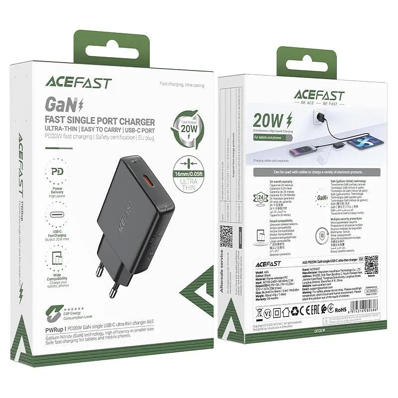 Мережевий зарядний пристрій Acefast A65 PD20W GaN single USB-C ultra-thin charger чорний - фото 2