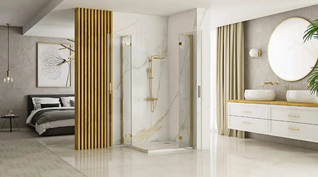 Душова кабіна Rea Hugo 90x90 brushed gold подвійна REA-K6609, Золотий, Універсальна, прозорий, золотий - фото 3