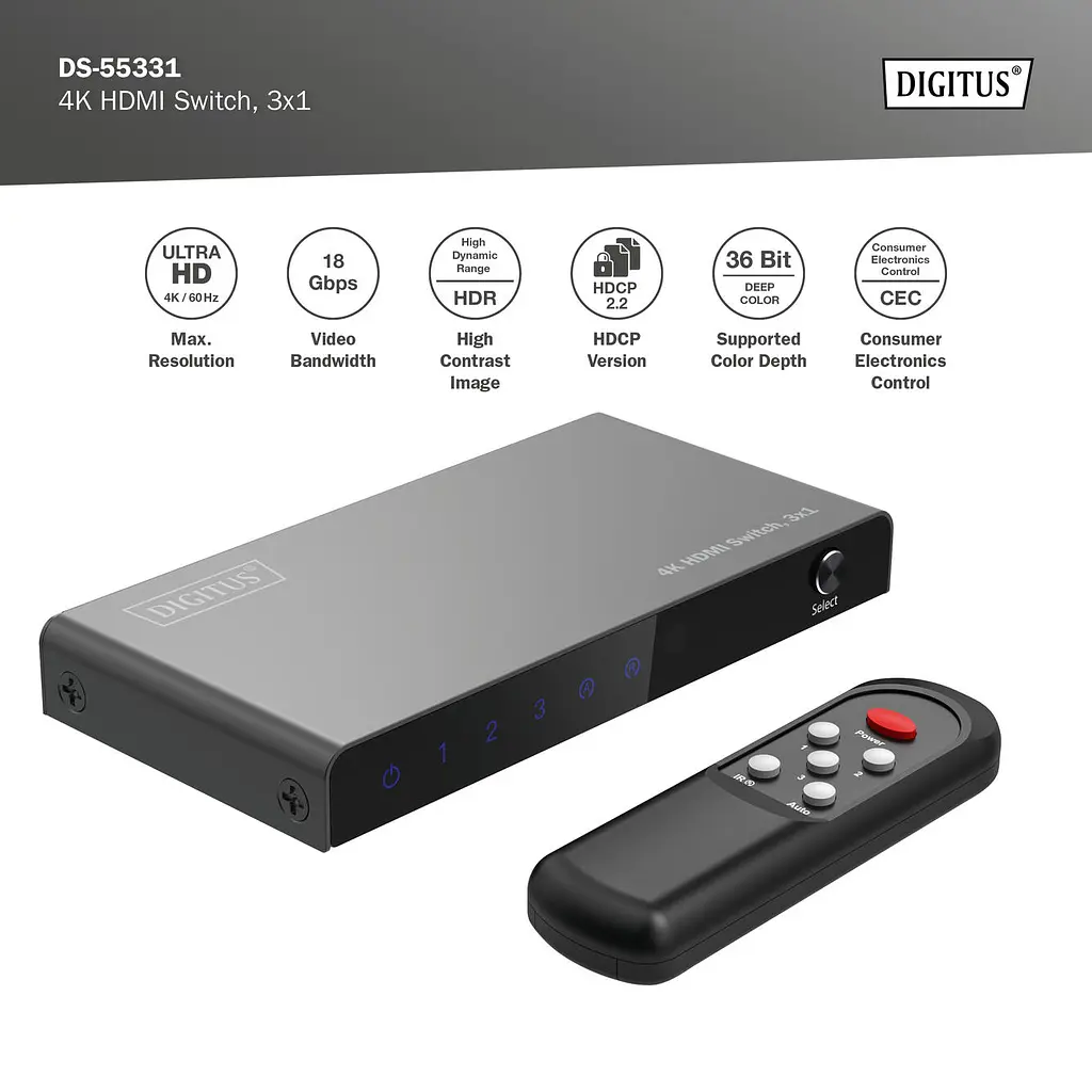 Відеокомутатор Digitus UHD HDMI (INx3 – OUTx1), 4K - фото 5