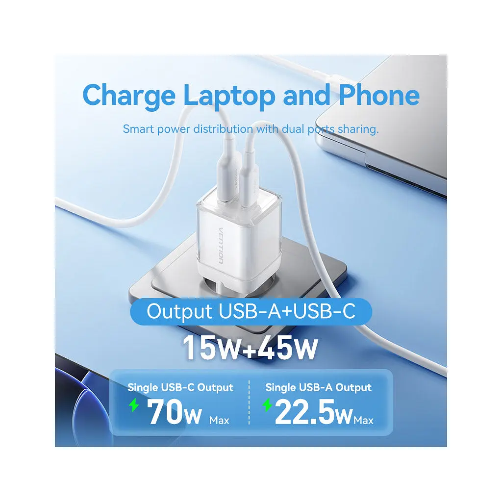 Зарядний пристрій Vention 1xUSB-C PD 70 Вт + 1xUSB QC 3.0 22.5 Вт GaN прозоро-сірий (FCGH0-EU) - фото 9
