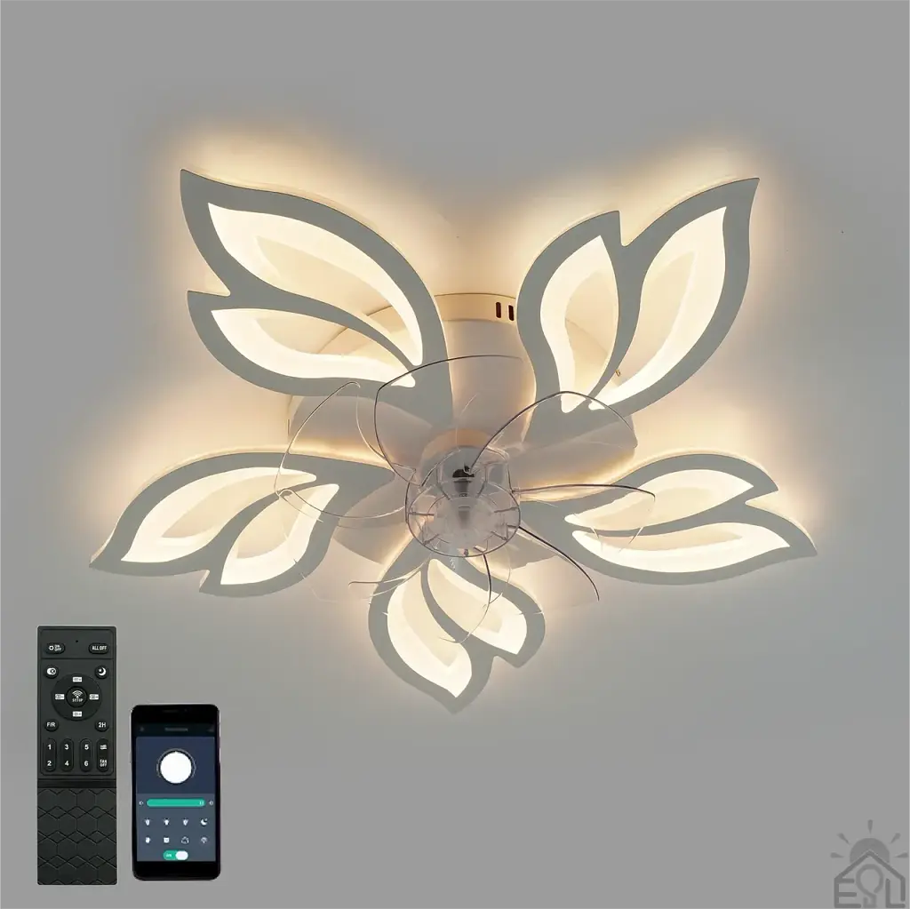 Керована світлодіодна люстра з вентилятором FAN ASTRA 85W+18W 5F-APP-680×120-WHITE/CLEAR-220-IP20 ESLLSE