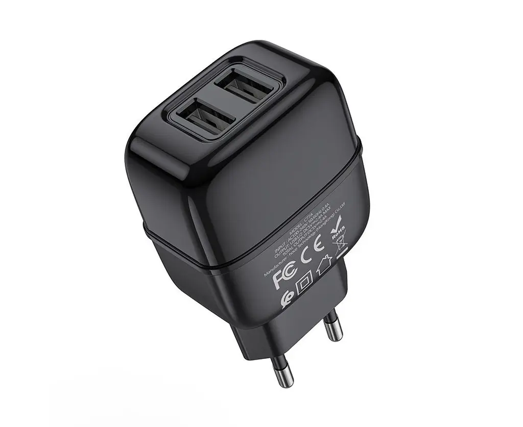 Блок живлення Hoco C77A 2 USB 2.4 А 12W адаптер зарядний із кабелем мікрочорний - фото 2