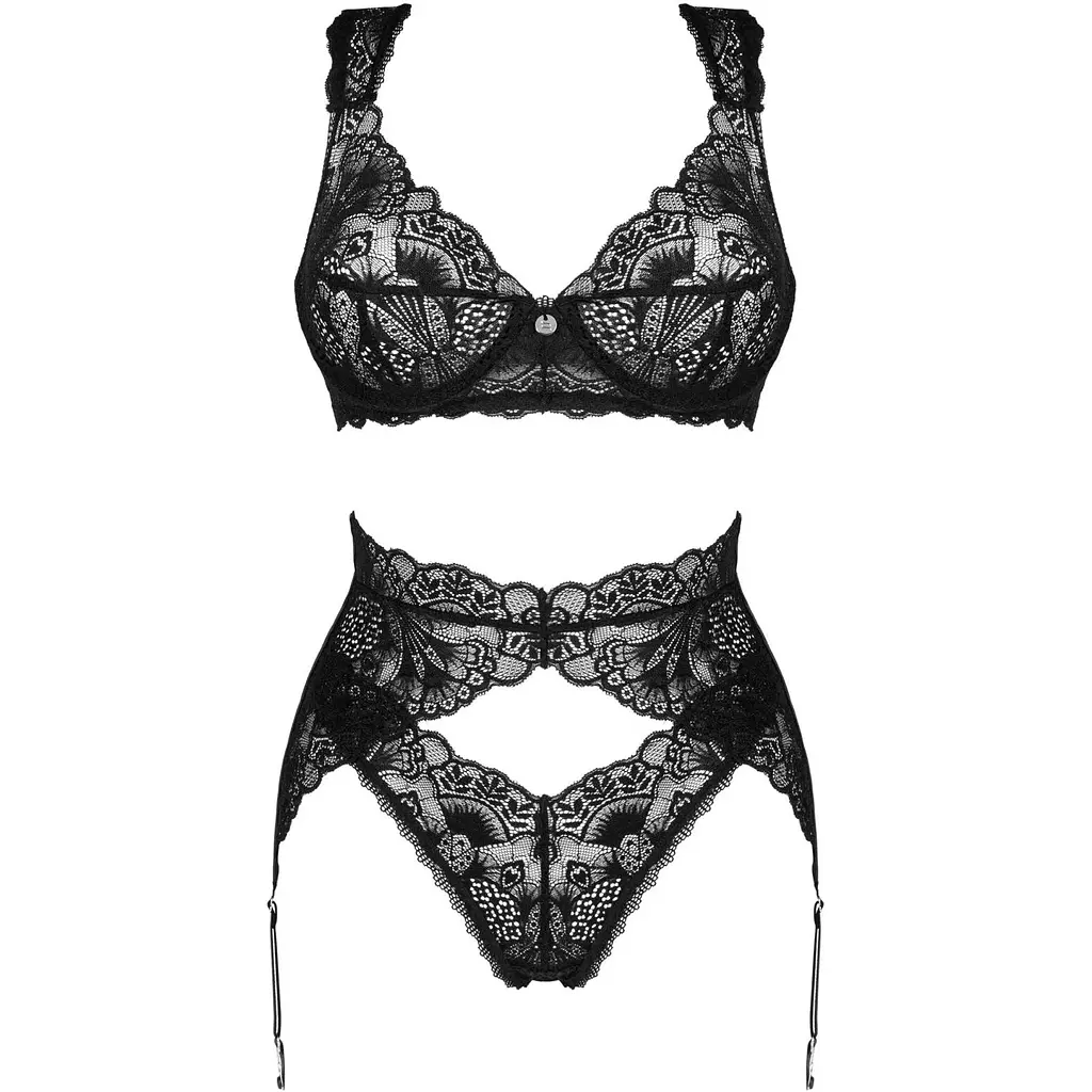 Комплект білизни Obsessive Donna Dream 3-pcs set M/L Black, бюстгальтер, стрінги, пояс для панчіх - фото 3