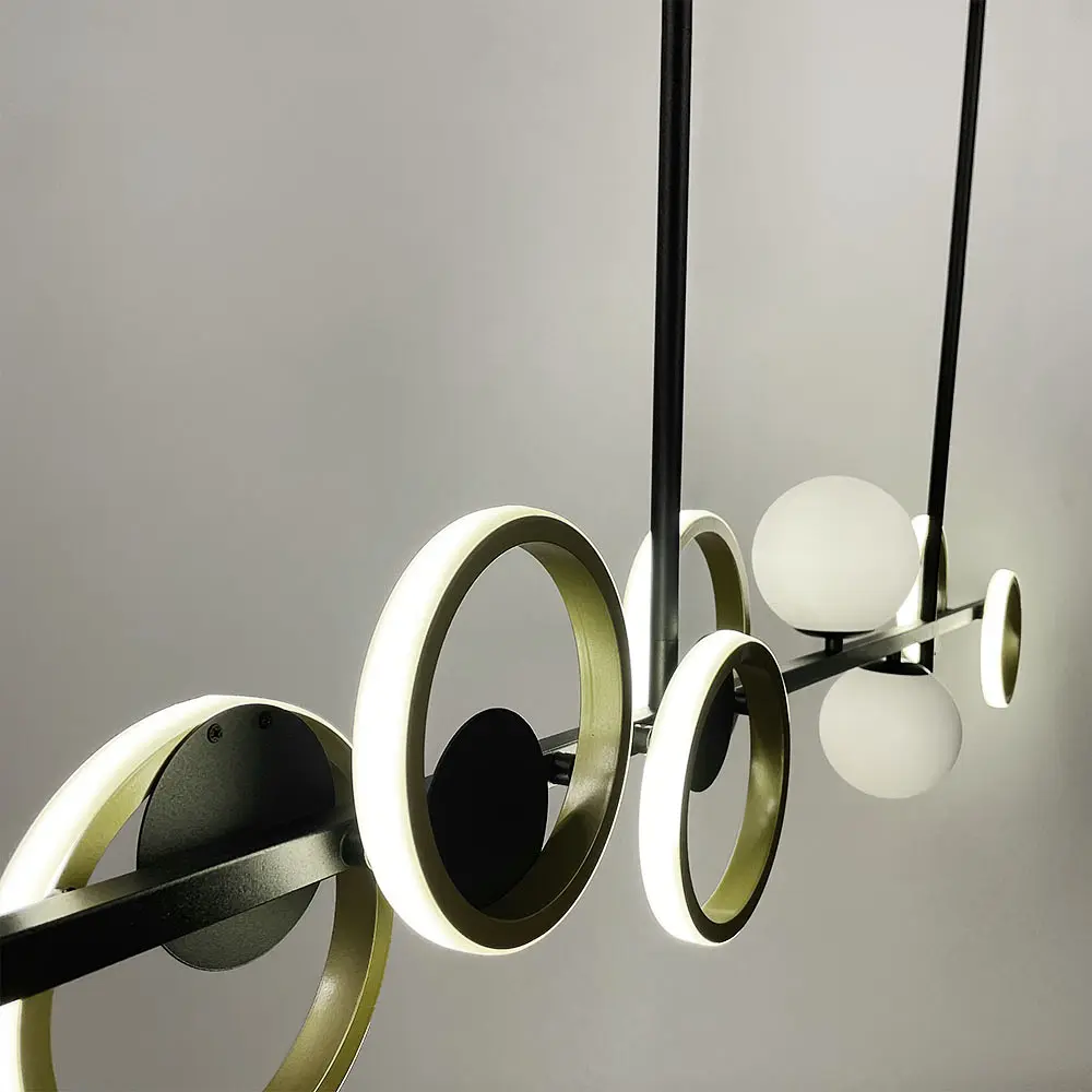 Удлиненная черная люстра со светодиодными латунными кольцами 140 см | Ст. NO 5-1400 | Line F - фото 4