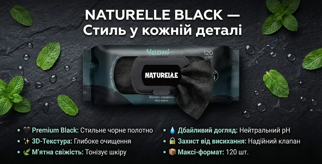 Вологі серветки універсальні Naturelle Classic Fresh&Mint 120 шт. Чорні вологі серветки - фото 4