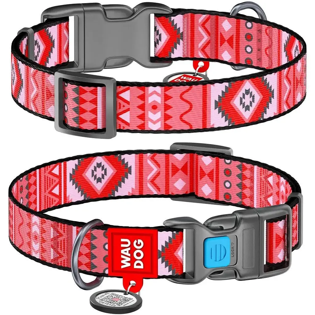 Нашийник для собак Waudog Nylon Етно червоний, з QR паспортом, пластиковый фастекс, XL, 35-58х2,5 см - фото 3