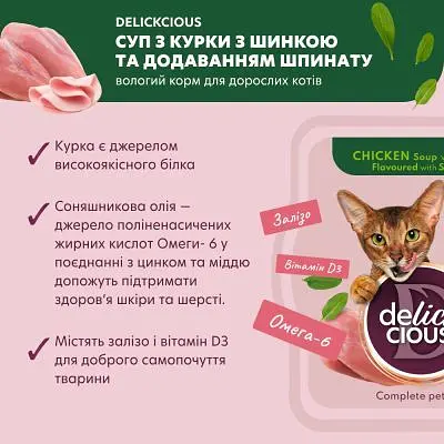 Вологий корм для кішок Delickcious Суп з курки з шинкою та додаванням шпинату 80 г (4820269141599) - фото 3