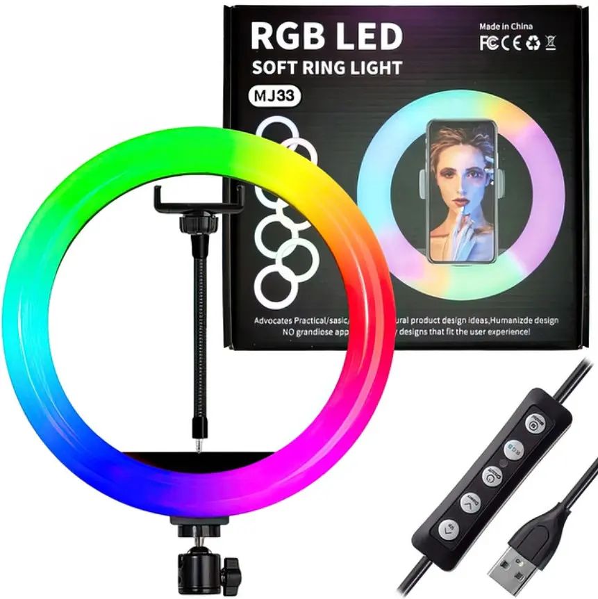 Лампа кільцева LED Ring Light RGB 33 см з USB, гнучким тримачем телефона і регулюванням яскравості
