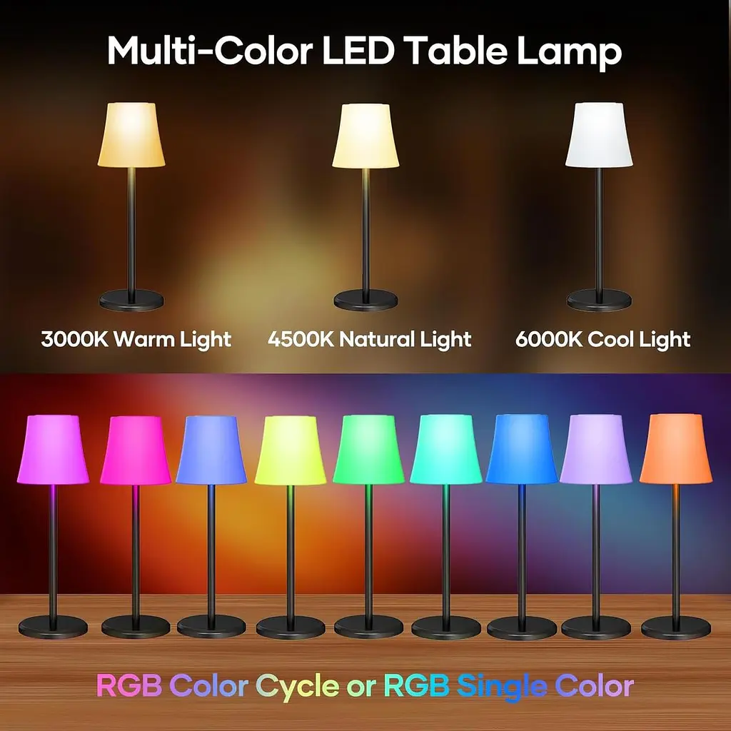 Бездротова настільна лампа, що перезаряджається, регульована нічник, 3 кольори + RGB, сенсорне управління, настільна лампа на бата - фото 2