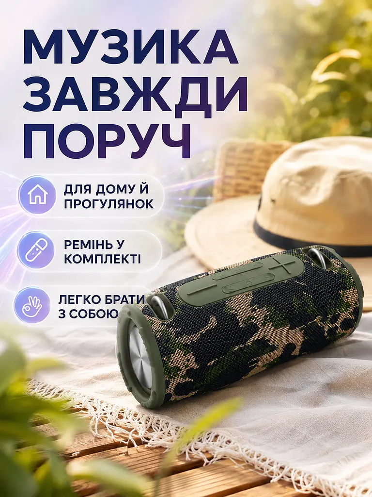 Портативна Bluetooth колонка 20 Вт з басом і LED-підсвіткою 25×10,8×10,7 см камуфляжна (49676322) - фото 4