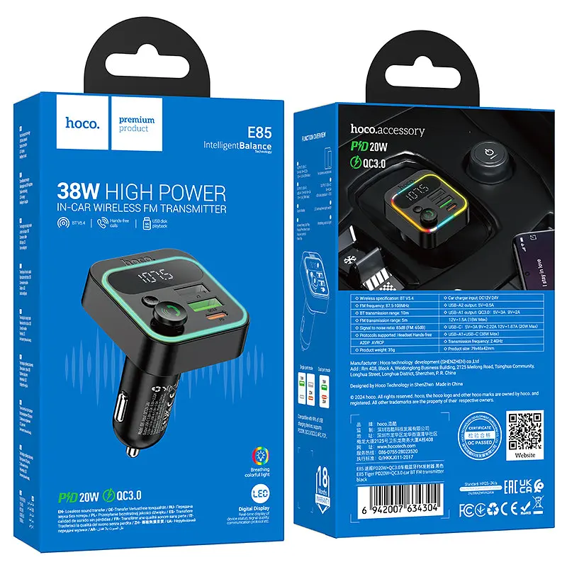 FM-трансмітер Hoco E85 Tiger PD20W+QC3.0 car BT FM transmitter чорний - фото 2
