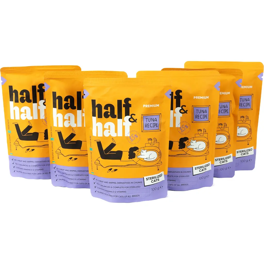Набір вологих кормів для стерилізованих котів Half & Half шматочки з тунцем у соусі 600 г (6 шт. х 100 г) - фото 2