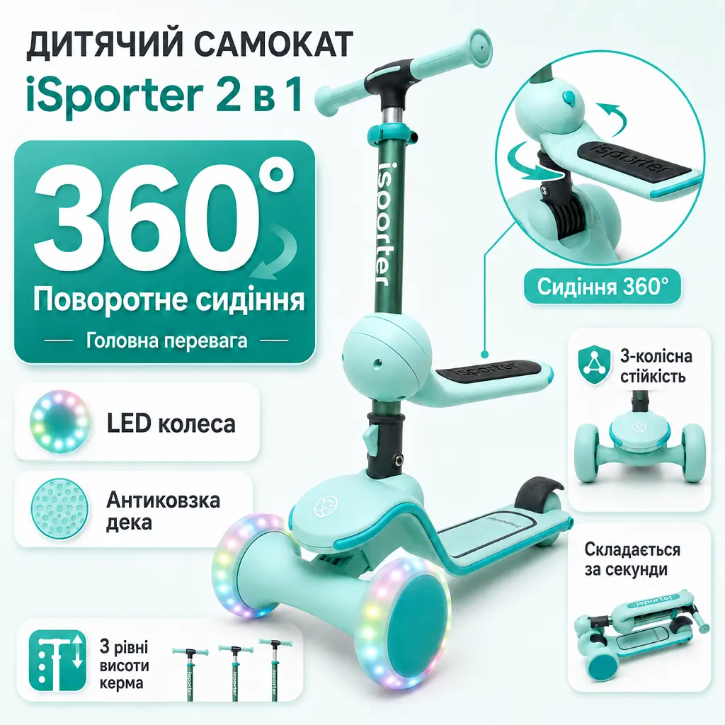 Самокат iSporter EVO 2 в 1 з сидінням зелений (M2_Green) - фото 3