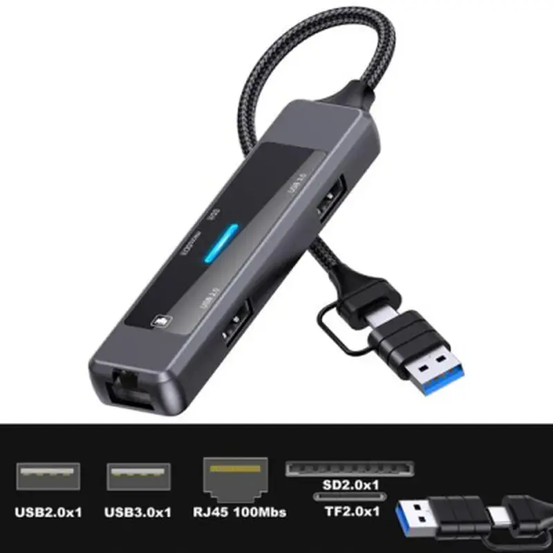 Концентратор XoKo USB-C 5-in-1 USB 3.0 + USB 2.0 + SD/TF + RJ45 100Mbps silver (XK-AC-350) - фото 2