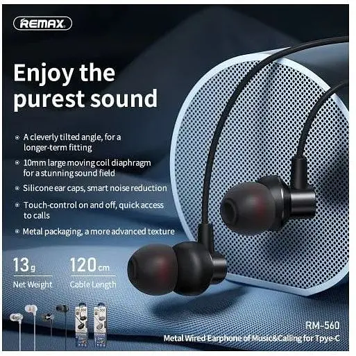 Навушники металеві Type-C - Remax Metal Wired Earphone RM-560 сріблясті - фото 4