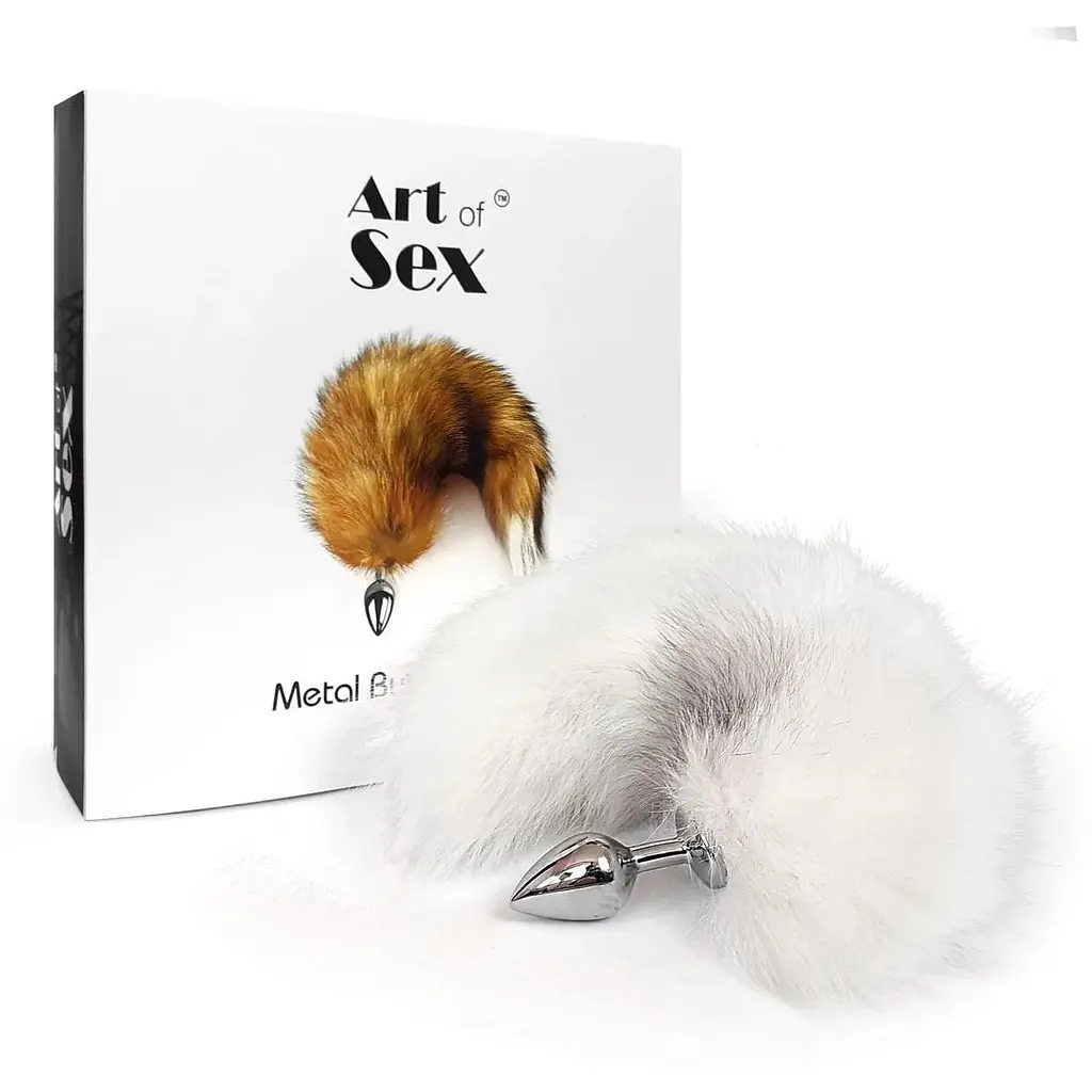 Металева анальна пробка з хвостом із натурального хутра Art of Sex size M White fox - фото 4