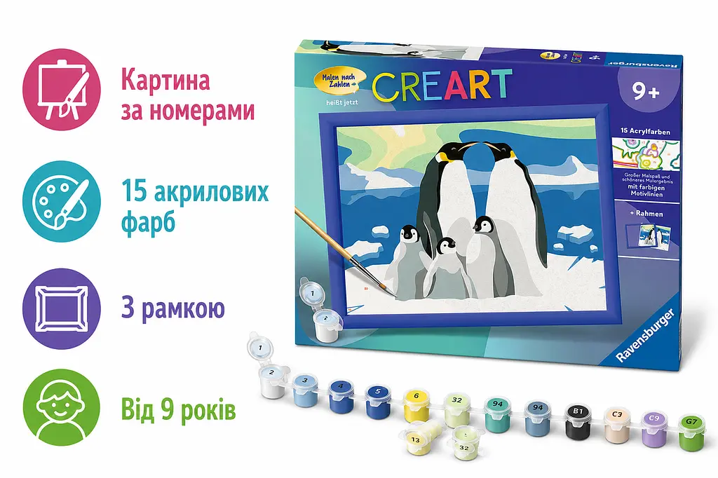 Картина за номерами Сім'я пінгвінів Ravensburger CreArt 24×18 см з рамкою 15 акрилових фарб від 9 років (SKU-280) - фото 2