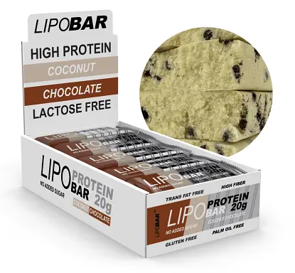 Протеїнові Батончики без Цукру Lipobar - 20x50г Кокос з Шоколадними Кріспсами