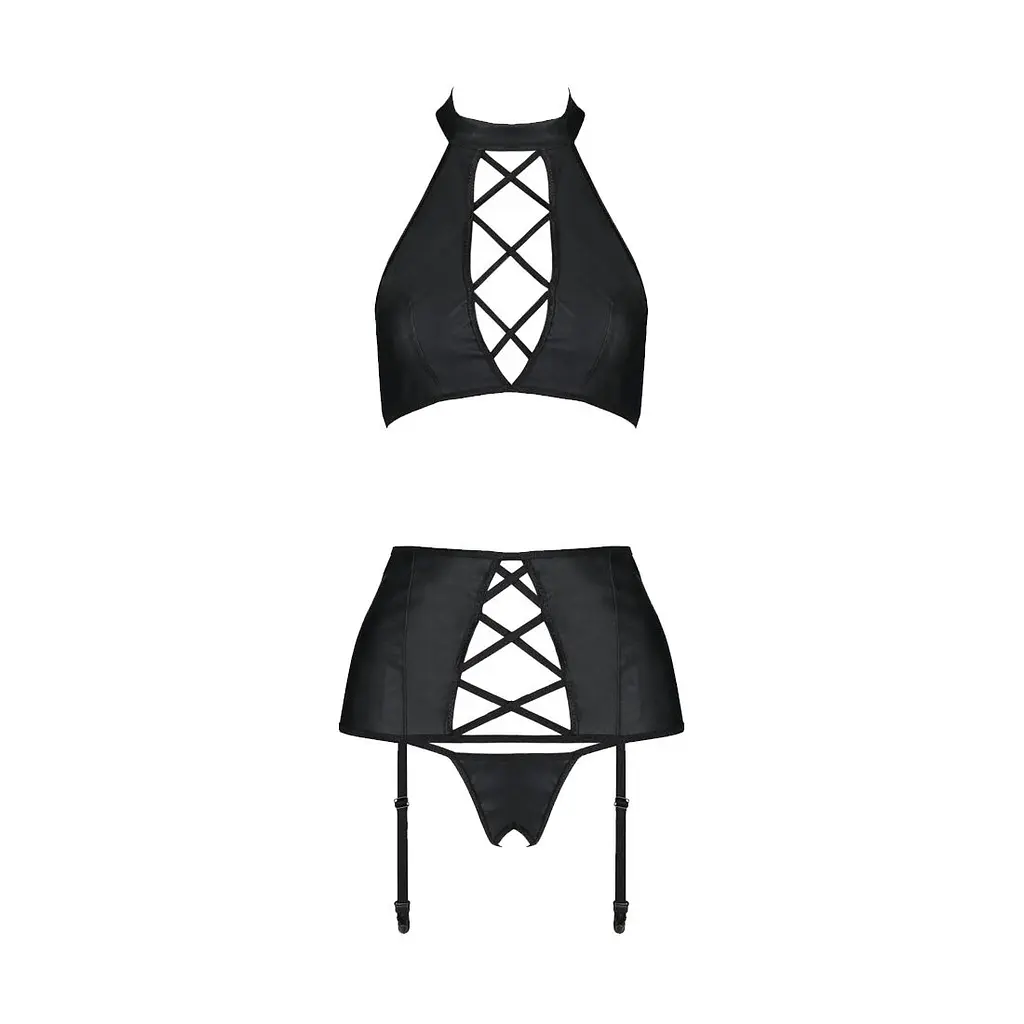 Комплект з екошкіри Passion NANCY SET 4XL/5XL black, імітація шнурівки, топ, пояс для панчіх - фото 3
