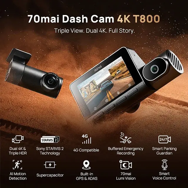 Відеореєстратор 3 камери 70mai Dash Cam T800-24 комплект + Rear Cam RC41 4K - фото 7