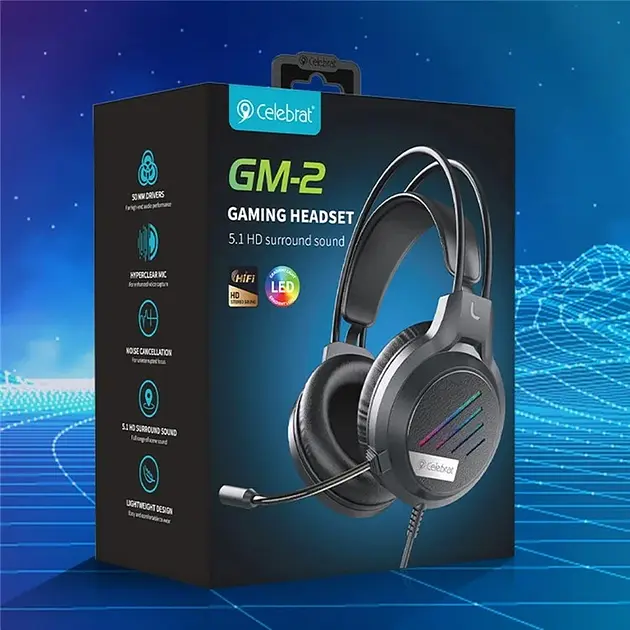 Проводные игровые наушники Celebrat GM-2 Gaming LED с микрофоном (Черные) - фото 3