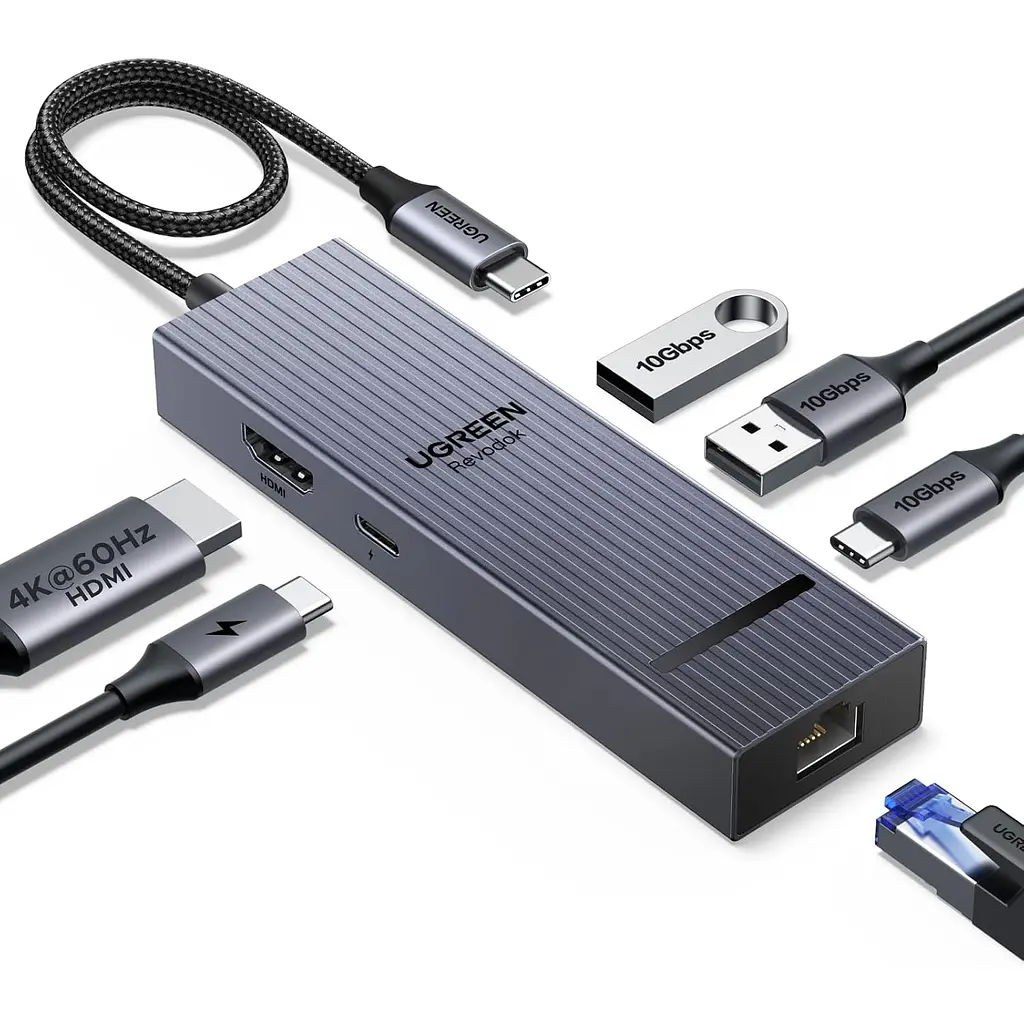 Док-станція UGREEN Revodok Pro CM828 хаб з підключенням до комп’ютера через USB-C 6 в 1 відеовихід HDMI 4K 60 Гц 2 USB-A та 1 USB-C для даних до 10 Гбіт/с Ethernet RJ45 до 1000 Мбіт/с вхід живлення USB-C PD 3.0 до 100 Вт із наскрізним заряджанням ноутбука до 85 Вт для HDMI потрібен USB-C комп’ютера з підтримкою відеовиходу дублювання екрана та розширення робочого столу з індикатором роботи вбудований кабель 0,3 м космічний сірий (45364)