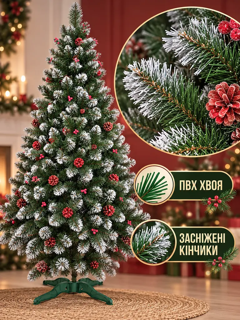 Штучна ялинка YaLINKA КK22 Адель 220 см із червоними шишками, перлами та засніженими кінчиками, зелена (49676508) - фото 4