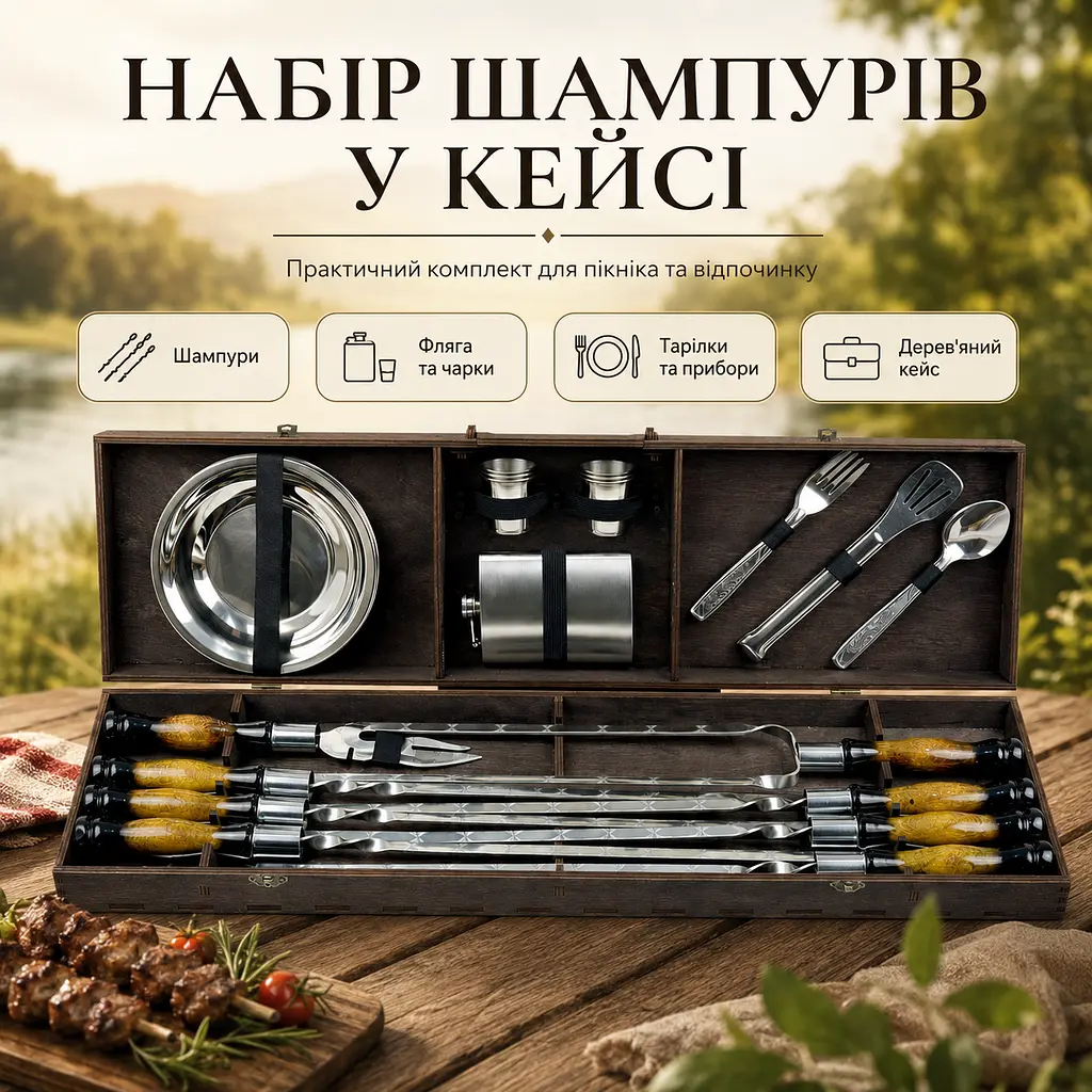Набір шампурів у кейсі 34 предмети з нержавіючої сталі з флягою, чарками, тарілками та приборами - фото 2