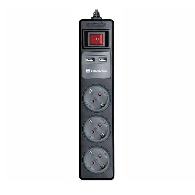 Мережевий фільтр Real-EL RS-3 USB CHARGE 1.8m Black UAH (EL122500001)