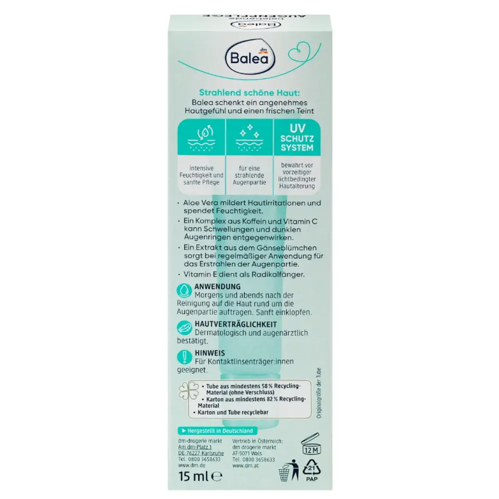 Крем Balea Belebende Augencreme під очі з 10% алое та кофеїном 15 мл - фото 4